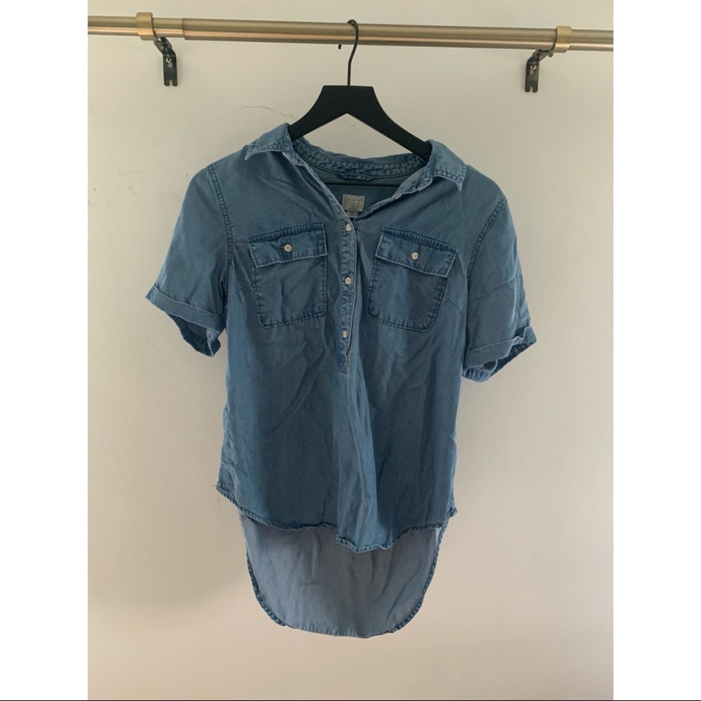 Denim short sleeve button down top